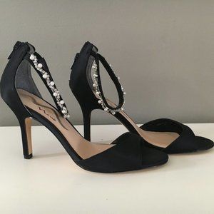 Nina Black satin ankle strap faux pearl studded open toe stiletto Heels  6.5M